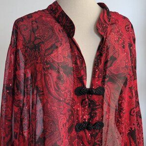 Maggie Barnes Red Black Sheer Chiffon Dressy Bling Blouse (Size: 4X)
